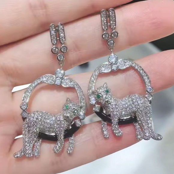 Luxury Lounging Panther Panthere Rhodium Pave Crystal Earrings - Picture 5 of 6